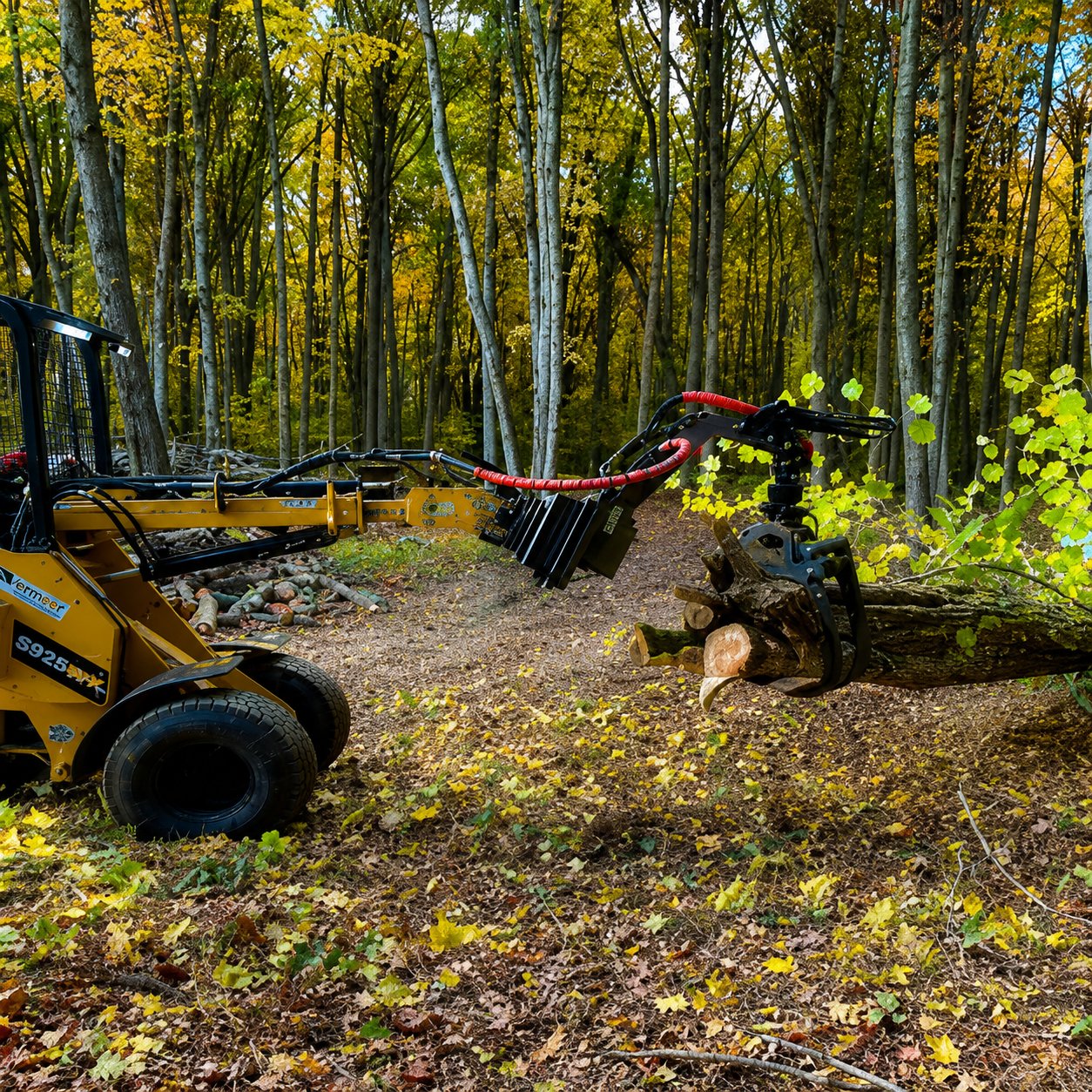 Flatbed truck and brush trailer carrying tree work debris and tools