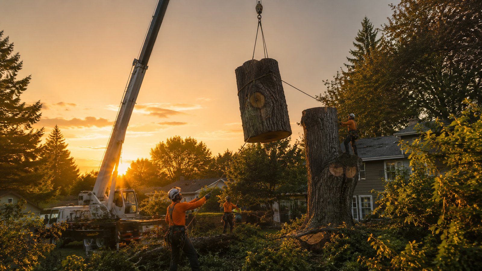 Arborist crew removing a large backyard tree with a crane at golden hour